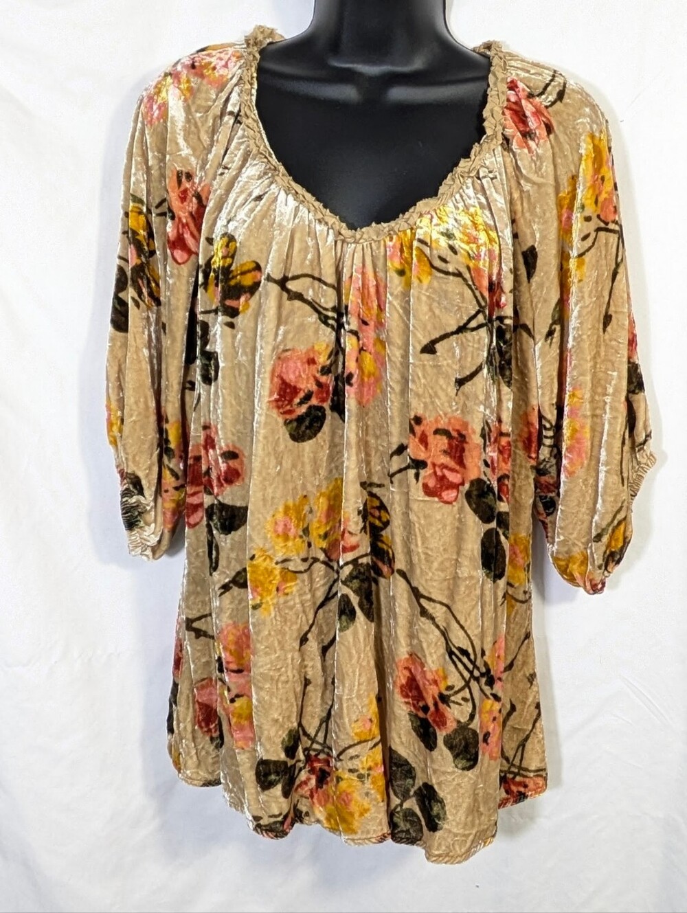 Sundance Velvet Floral Pattern Silk Blend V-neck Peasant Top 3/4 Sleeve Boho‎ L